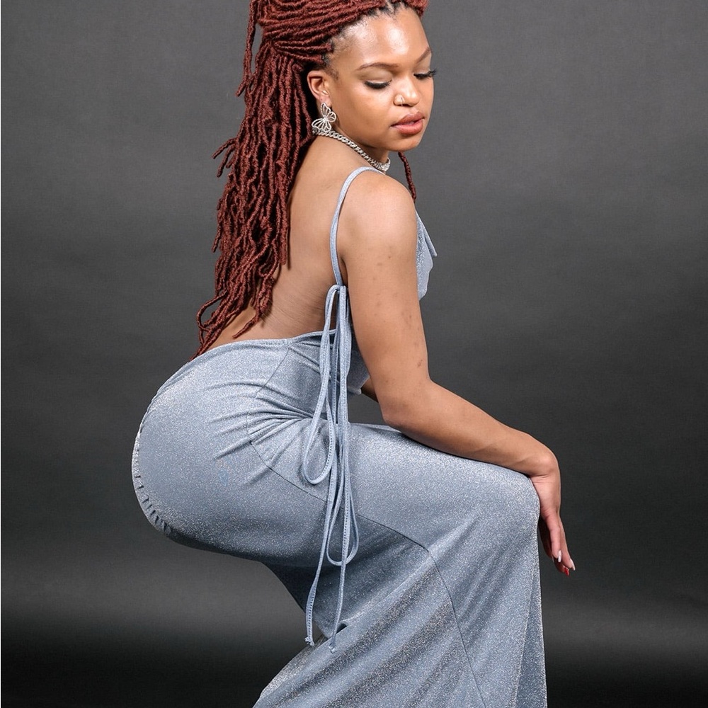 Elegant Blue Silver Evening Gown